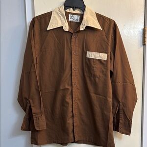 VINTAGE 1970’s Brown Long Sleeve Shirt with Cream Accents